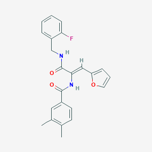 molecular formula C23H21FN2O3 B304047 N-[1-{[(2-fluorobenzyl)amino]carbonyl}-2-(2-furyl)vinyl]-3,4-dimethylbenzamide 