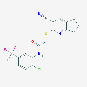 molecular formula C18H13ClF3N3OS B304128 N-[2-chloro-5-(trifluoromethyl)phenyl]-2-[(3-cyano-6,7-dihydro-5H-cyclopenta[b]pyridin-2-yl)sulfanyl]acetamide 