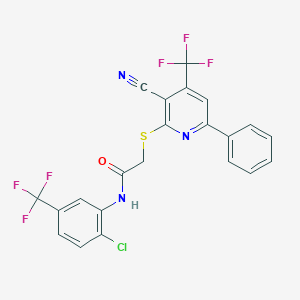 molecular formula C22H12ClF6N3OS B304129 N-[2-chloro-5-(trifluoromethyl)phenyl]-2-{[3-cyano-6-phenyl-4-(trifluoromethyl)-2-pyridinyl]sulfanyl}acetamide 
