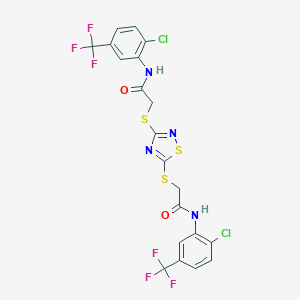 molecular formula C20H12Cl2F6N4O2S3 B304130 2-{[3-({2-[2-chloro-5-(trifluoromethyl)anilino]-2-oxoethyl}sulfanyl)-1,2,4-thiadiazol-5-yl]sulfanyl}-N-[2-chloro-5-(trifluoromethyl)phenyl]acetamide 