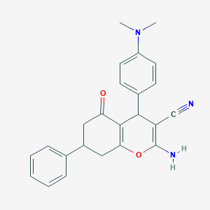 molecular formula C24H23N3O2 B304141 2-amino-4-[4-(dimethylamino)phenyl]-5-oxo-7-phenyl-5,6,7,8-tetrahydro-4H-chromene-3-carbonitrile 
