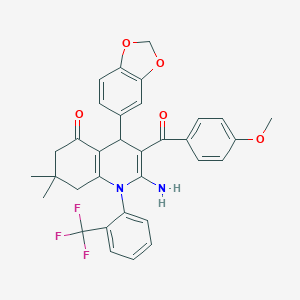 molecular formula C33H29F3N2O5 B304154 2-amino-4-(1,3-benzodioxol-5-yl)-3-(4-methoxybenzoyl)-7,7-dimethyl-1-[2-(trifluoromethyl)phenyl]-6,8-dihydro-4H-quinolin-5-one 