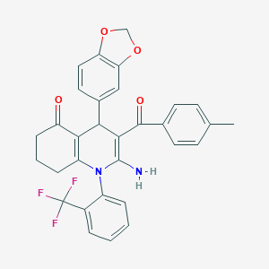 molecular formula C31H25F3N2O4 B304155 2-amino-4-(1,3-benzodioxol-5-yl)-3-(4-methylbenzoyl)-1-[2-(trifluoromethyl)phenyl]-4,6,7,8-tetrahydroquinolin-5-one 