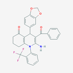 molecular formula C30H23F3N2O4 B304156 2-amino-4-(1,3-benzodioxol-5-yl)-3-benzoyl-1-[2-(trifluoromethyl)phenyl]-4,6,7,8-tetrahydroquinolin-5-one 