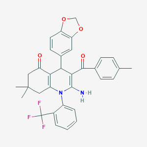 molecular formula C33H29F3N2O4 B304157 2-amino-4-(1,3-benzodioxol-5-yl)-7,7-dimethyl-3-(4-methylbenzoyl)-1-[2-(trifluoromethyl)phenyl]-6,8-dihydro-4H-quinolin-5-one 