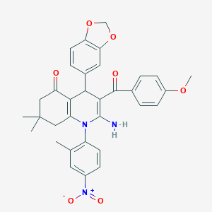 molecular formula C33H31N3O7 B304162 2-amino-4-(1,3-benzodioxol-5-yl)-3-(4-methoxybenzoyl)-7,7-dimethyl-1-(2-methyl-4-nitrophenyl)-6,8-dihydro-4H-quinolin-5-one 