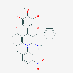 molecular formula C33H33N3O7 B304164 2-amino-3-(4-methylbenzoyl)-1-(2-methyl-5-nitrophenyl)-4-(3,4,5-trimethoxyphenyl)-4,6,7,8-tetrahydroquinolin-5-one 