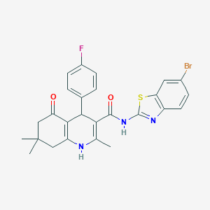 molecular formula C26H23BrFN3O2S B304190 N-(6-bromo-1,3-benzothiazol-2-yl)-4-(4-fluorophenyl)-2,7,7-trimethyl-5-oxo-1,4,5,6,7,8-hexahydroquinoline-3-carboxamide 