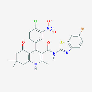 molecular formula C26H22BrClN4O4S B304201 N-(6-bromo-1,3-benzothiazol-2-yl)-4-{4-chloro-3-nitrophenyl}-2,7,7-trimethyl-5-oxo-1,4,5,6,7,8-hexahydro-3-quinolinecarboxamide 