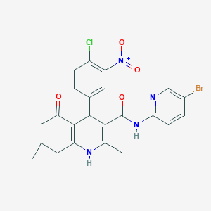 molecular formula C24H22BrClN4O4 B304203 N-(5-Bromo-2-pyridinyl)-4-(4-chloro-3-nitrophenyl)-2,7,7-trimethyl-5-oxo-1,4,5,6,7,8-hexahydro-3-quinolinecarboxamide 