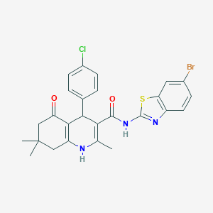 molecular formula C26H23BrClN3O2S B304206 N-(6-bromo-1,3-benzothiazol-2-yl)-4-(4-chlorophenyl)-2,7,7-trimethyl-5-oxo-1,4,5,6,7,8-hexahydro-3-quinolinecarboxamide 
