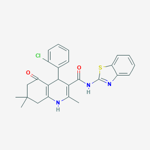 molecular formula C26H24ClN3O2S B304218 N-1,3-benzothiazol-2-yl-4-(2-chlorophenyl)-2,7,7-trimethyl-5-oxo-1,4,5,6,7,8-hexahydroquinoline-3-carboxamide 