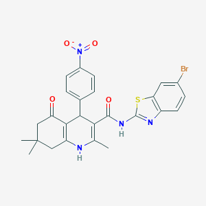 molecular formula C26H23BrN4O4S B304220 N-(6-bromo-1,3-benzothiazol-2-yl)-2,7,7-trimethyl-4-(4-nitrophenyl)-5-oxo-1,4,5,6,7,8-hexahydroquinoline-3-carboxamide 