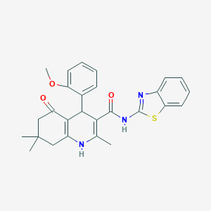 molecular formula C27H27N3O3S B304225 N-(1,3-benzothiazol-2-yl)-4-(2-methoxyphenyl)-2,7,7-trimethyl-5-oxo-1,4,5,6,7,8-hexahydro-3-quinolinecarboxamide 