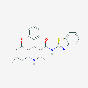 molecular formula C26H25N3O2S B304239 N-(1,3-benzothiazol-2-yl)-2,7,7-trimethyl-5-oxo-4-phenyl-1,4,5,6,7,8-hexahydroquinoline-3-carboxamide 