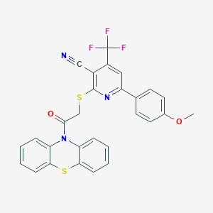 molecular formula C28H18F3N3O2S2 B304256 6-(4-methoxyphenyl)-2-{[2-oxo-2-(10H-phenothiazin-10-yl)ethyl]sulfanyl}-4-(trifluoromethyl)nicotinonitrile 