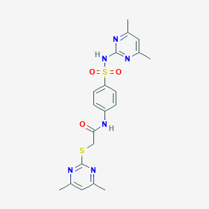 molecular formula C20H22N6O3S2 B304266 N-(4-{[(4,6-dimethyl-2-pyrimidinyl)amino]sulfonyl}phenyl)-2-[(4,6-dimethyl-2-pyrimidinyl)sulfanyl]acetamide 