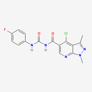 molecular formula C16H13ClFN5O2 B3042688 N-[(4-chloro-1,3-dimethyl-1H-pyrazolo[3,4-b]pyridin-5-yl)carbonyl]-N'-(4-fluorophenyl)urea CAS No. 650615-82-0