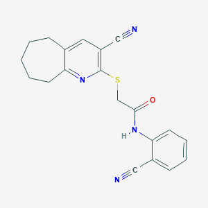 molecular formula C20H18N4OS B304272 N-(2-cyanophenyl)-2-[(3-cyano-6,7,8,9-tetrahydro-5H-cyclohepta[b]pyridin-2-yl)sulfanyl]acetamide 