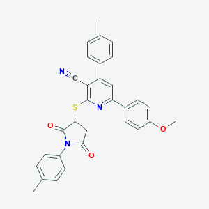 molecular formula C31H25N3O3S B304274 6-(4-Methoxyphenyl)-4-(4-methylphenyl)-2-((1-(4-methylphenyl)-2,5-dioxopyrrolidin-3-yl)sulfanyl)nicotinonitrile 