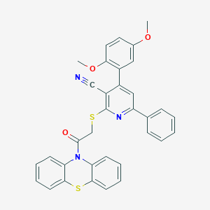 molecular formula C34H25N3O3S2 B304290 4-(2,5-dimethoxyphenyl)-2-{[2-oxo-2-(10H-phenothiazin-10-yl)ethyl]sulfanyl}-6-phenylnicotinonitrile 