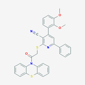 molecular formula C34H25N3O3S2 B304291 4-(2,3-dimethoxyphenyl)-2-{[2-oxo-2-(10H-phenothiazin-10-yl)ethyl]sulfanyl}-6-phenylnicotinonitrile 