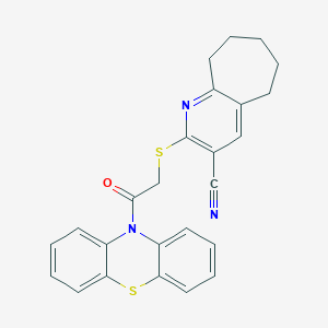 molecular formula C25H21N3OS2 B304293 2-{[2-oxo-2-(10H-phenothiazin-10-yl)ethyl]sulfanyl}-6,7,8,9-tetrahydro-5H-cyclohepta[b]pyridine-3-carbonitrile 