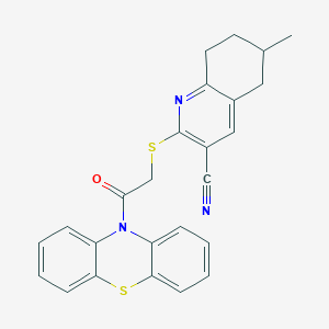 molecular formula C25H21N3OS2 B304295 6-methyl-2-{[2-oxo-2-(10H-phenothiazin-10-yl)ethyl]sulfanyl}-5,6,7,8-tetrahydro-3-quinolinecarbonitrile 
