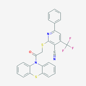 molecular formula C27H16F3N3OS2 B304297 2-{[2-oxo-2-(10H-phenothiazin-10-yl)ethyl]sulfanyl}-6-phenyl-4-(trifluoromethyl)nicotinonitrile 