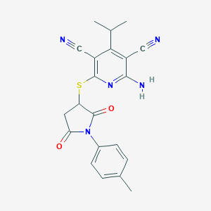 molecular formula C21H19N5O2S B304363 2-Amino-4-isopropyl-6-{[1-(4-methylphenyl)-2,5-dioxo-3-pyrrolidinyl]sulfanyl}-3,5-pyridinedicarbonitrile 