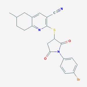 molecular formula C21H18BrN3O2S B304364 2-{[1-(4-Bromophenyl)-2,5-dioxopyrrolidin-3-yl]thio}-6-methyl-5,6,7,8-tetrahydroquinoline-3-carbonitrile 