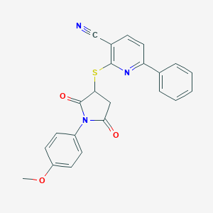 molecular formula C23H17N3O3S B304368 2-{[1-(4-Methoxyphenyl)-2,5-dioxopyrrolidin-3-yl]thio}-6-phenylnicotinonitrile 