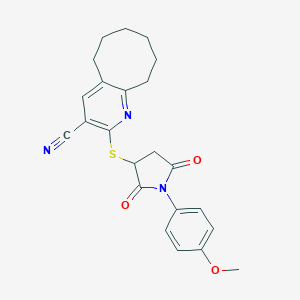 molecular formula C23H23N3O3S B304369 2-{[1-(4-Methoxyphenyl)-2,5-dioxopyrrolidin-3-yl]thio}-5,6,7,8,9,10-hexahydrocycloocta[b]pyridine-3-carbonitrile 