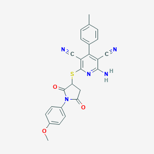 molecular formula C25H19N5O3S B304379 2-Amino-6-((1-(4-methoxyphenyl)-2,5-dioxopyrrolidin-3-yl)sulfanyl)-4-(4-methylphenyl)pyridine-3,5-dicarbonitrile 
