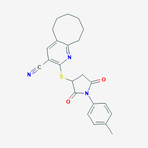 molecular formula C23H23N3O2S B304381 2-{[1-(4-Methylphenyl)-2,5-dioxopyrrolidin-3-yl]sulfanyl}-5,6,7,8,9,10-hexahydrocycloocta[b]pyridine-3-carbonitrile 