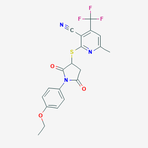 molecular formula C20H16F3N3O3S B304402 2-[1-(4-Ethoxyphenyl)-2,5-dioxopyrrolidin-3-yl]sulfanyl-6-methyl-4-(trifluoromethyl)pyridine-3-carbonitrile 