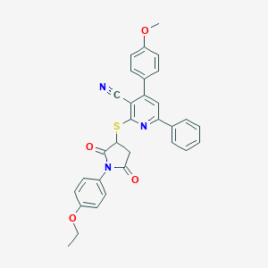 molecular formula C31H25N3O4S B304404 2-{[1-(4-Ethoxyphenyl)-2,5-dioxo-3-pyrrolidinyl]sulfanyl}-4-(4-methoxyphenyl)-6-phenylnicotinonitrile 
