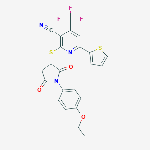 molecular formula C23H16F3N3O3S2 B304405 2-{[1-(4-Ethoxyphenyl)-2,5-dioxo-3-pyrrolidinyl]sulfanyl}-6-(2-thienyl)-4-(trifluoromethyl)nicotinonitrile 