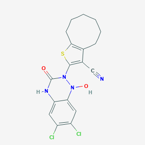 molecular formula C18H16Cl2N4O2S B304407 2-(6,7-dichloro-1-hydroxy-3-oxo-3,4-dihydro-1,2,4-benzotriazin-2(1H)-yl)-4,5,6,7,8,9-hexahydrocycloocta[b]thiophene-3-carbonitrile 