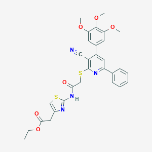 molecular formula C30H28N4O6S2 B304432 Ethyl {2-[({[3-cyano-6-phenyl-4-(3,4,5-trimethoxyphenyl)-2-pyridinyl]sulfanyl}acetyl)amino]-1,3-thiazol-4-yl}acetate 