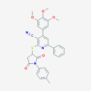 molecular formula C32H27N3O5S B304465 2-{[1-(4-Methylphenyl)-2,5-dioxo-3-pyrrolidinyl]sulfanyl}-6-phenyl-4-(3,4,5-trimethoxyphenyl)nicotinonitrile 