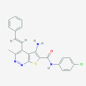 molecular formula C22H17ClN4OS B304517 5-amino-N-(4-chlorophenyl)-3-methyl-4-(2-phenylvinyl)thieno[2,3-c]pyridazine-6-carboxamide 