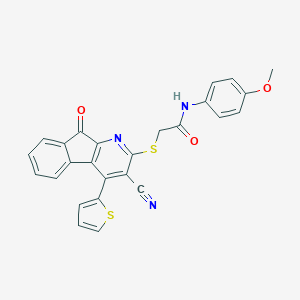 molecular formula C26H17N3O3S2 B304526 2-{[3-cyano-9-oxo-4-(2-thienyl)-9H-indeno[2,1-b]pyridin-2-yl]sulfanyl}-N-(4-methoxyphenyl)acetamide 