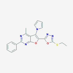 molecular formula C21H17N5O2S B304533 ethyl 5-[4-methyl-2-phenyl-5-(1H-pyrrol-1-yl)furo[2,3-d]pyrimidin-6-yl]-1,3,4-oxadiazol-2-yl sulfide 