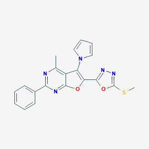 molecular formula C20H15N5O2S B304534 methyl 5-[4-methyl-2-phenyl-5-(1H-pyrrol-1-yl)furo[2,3-d]pyrimidin-6-yl]-1,3,4-oxadiazol-2-yl sulfide 