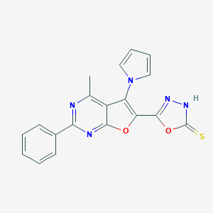 molecular formula C19H13N5O2S B304535 5-[4-methyl-2-phenyl-5-(1H-pyrrol-1-yl)furo[2,3-d]pyrimidin-6-yl]-1,3,4-oxadiazol-2-yl hydrosulfide 