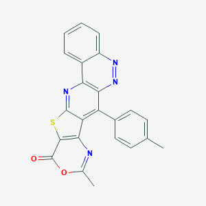 molecular formula C23H14N4O2S B304540 9-methyl-7-(4-methylphenyl)-11H-[1,3]oxazino[4'',5'':4',5']thieno[3',2':5,6]pyrido[3,2-c]cinnolin-11-one 