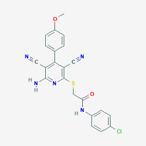 molecular formula C22H16ClN5O2S B304559 2-{[6-amino-3,5-dicyano-4-(4-methoxyphenyl)-2-pyridinyl]sulfanyl}-N-(4-chlorophenyl)acetamide 