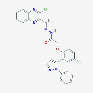 molecular formula C26H18Cl2N6O2 B304594 2-[4-chloro-2-(1-phenyl-1H-pyrazol-5-yl)phenoxy]-N'-[(3-chloro-2-quinoxalinyl)methylene]acetohydrazide 
