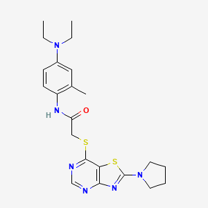 molecular formula C22H28N6OS2 B3046071 N-(4-(diethylamino)-2-methylphenyl)-2-((2-(pyrrolidin-1-yl)thiazolo[4,5-d]pyrimidin-7-yl)thio)acetamide CAS No. 1189999-02-7